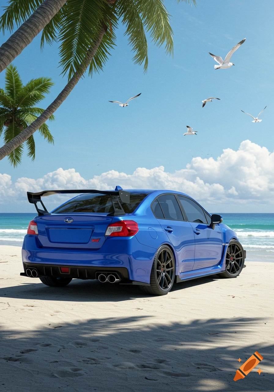 Photorealistic image of a blue Subaru STI car parked on a white sandy beach with palm trees and seagulls.