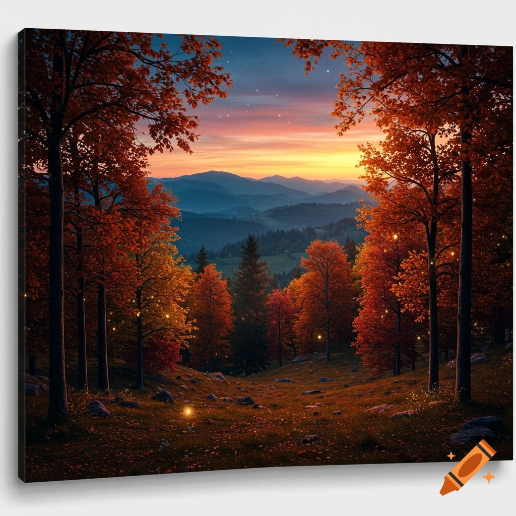 Photorealistic image of an enchanted autumn forest at sunset with vibrant orange trees, distant mountains, and twinkling faerie lights.