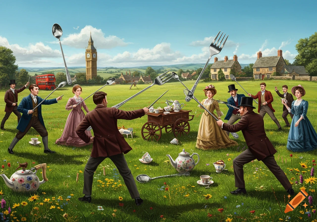 British people in period clothing fight with oversized spoons and forks in a whimsical illustrated field with tea party items, Big Ben, and a red bus.