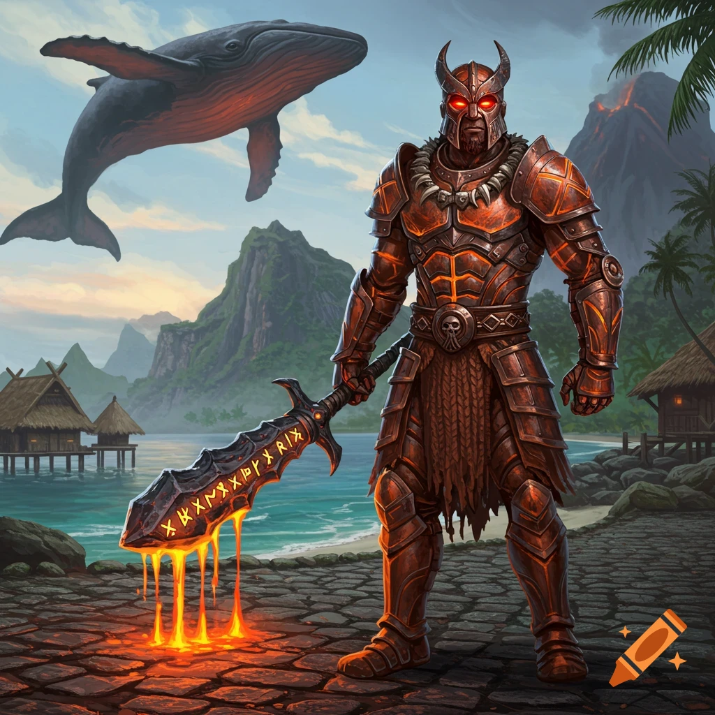 An armored warrior with glowing red eyes and a lava-dripping sword stands on a beach, with a glowing humpback whale flying overhead a volcanic island. Fantasy art.
