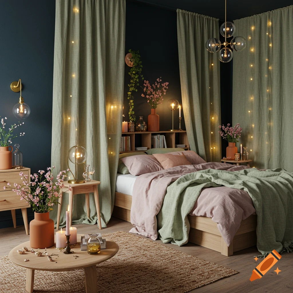 Photorealistic cozy bedroom with deep navy walls, sage curtains, wooden bed, pink and green bedding, fairy lights, and flowers.