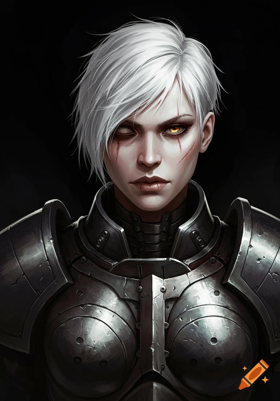 Portrait of a fierce female warrior with short white hair, scarred face, and one glowing amber eye, wearing intricate metal power armor against a black background.