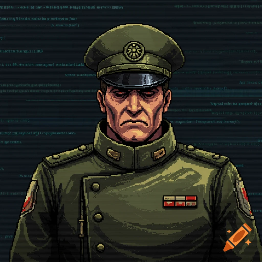 A stern pixel art officer in a green military uniform and cap, with red eyes, against a background of green digital code.