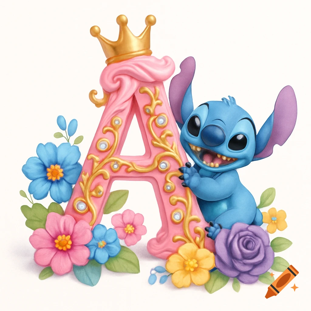 A whimsical 3D illustration of Stitch hugging a pink ornate letter 'A' with a crown, surrounded by colorful flowers.