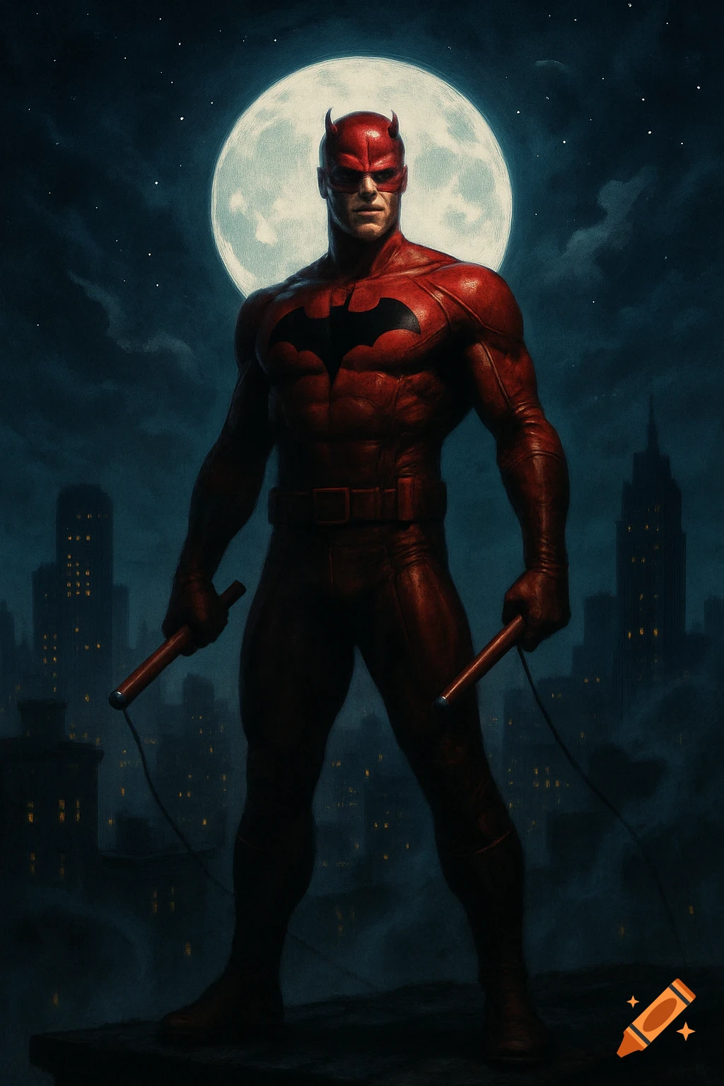 Red-suited superhero with horns, a Batman logo, and nunchaku stands on a rooftop at night under a full moon.