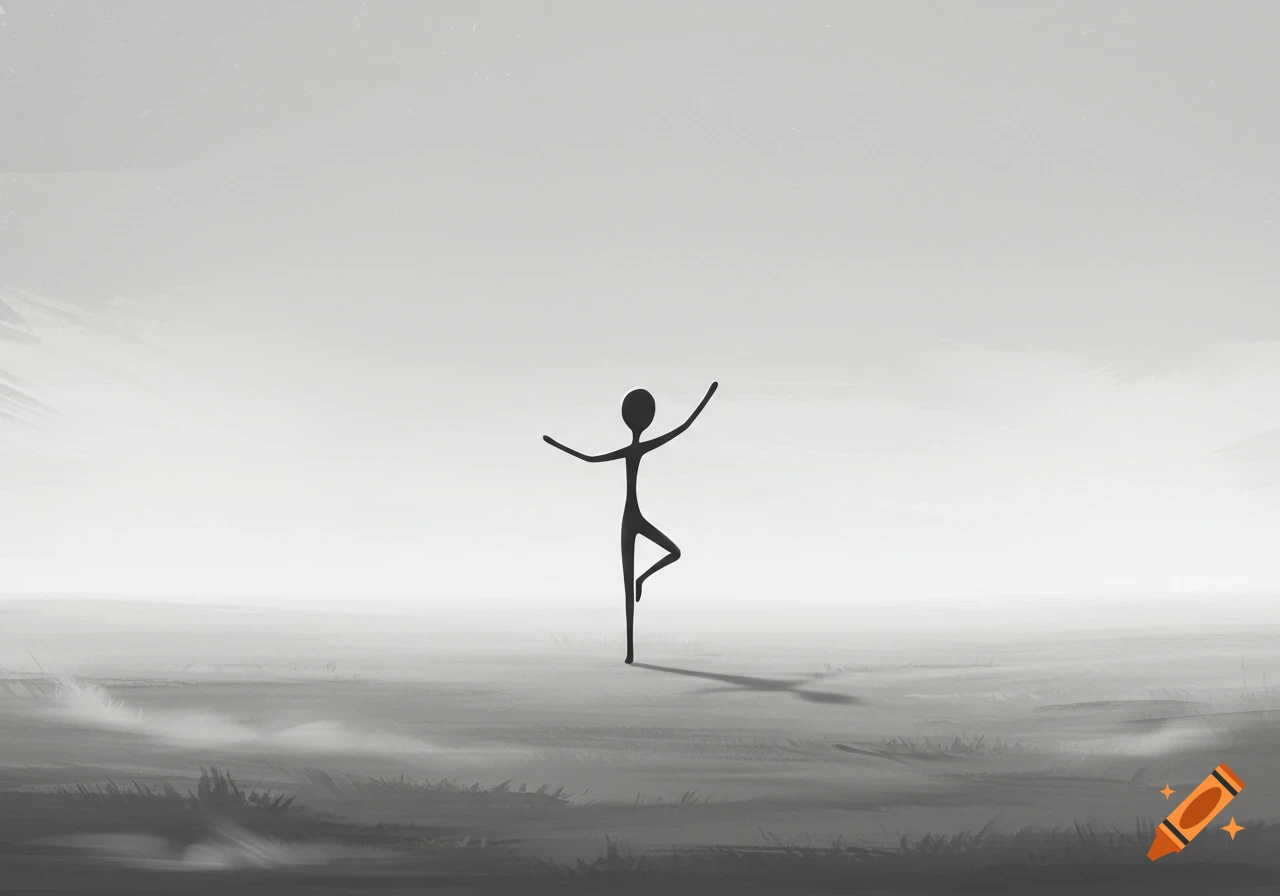 A minimalist grayscale illustration of a black stick figure balancing on one leg with arms outstretched on a flat, misty plain.