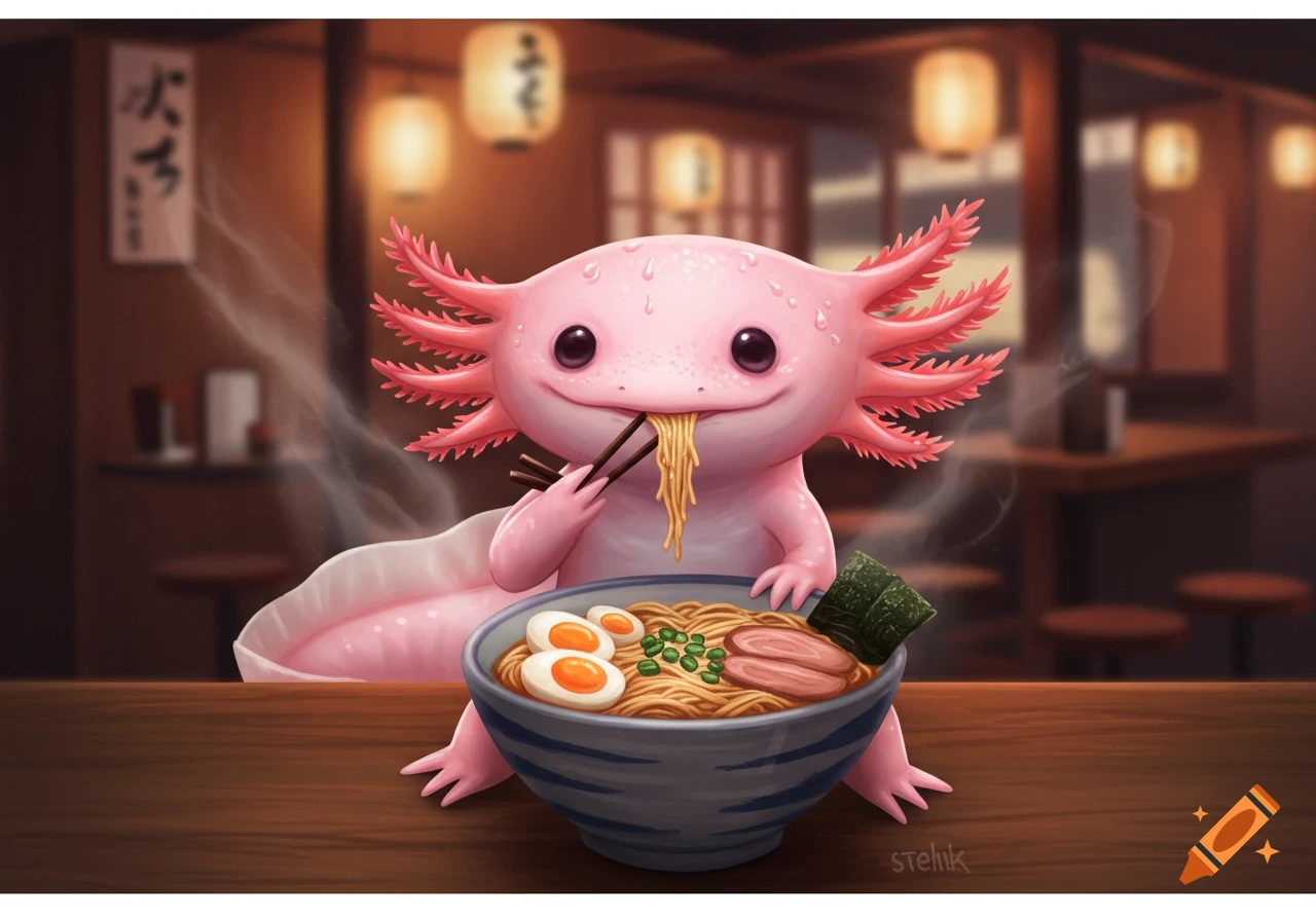 A cute, pink, cartoon axolotl happily eats ramen with chopsticks in a cozy ramen shop setting.