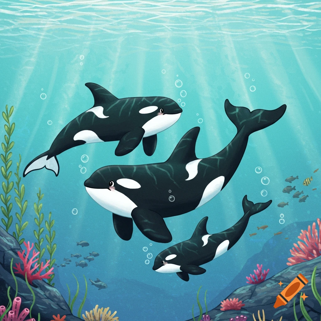 Three cartoon orcas swim underwater among coral and small fish in an animated style.