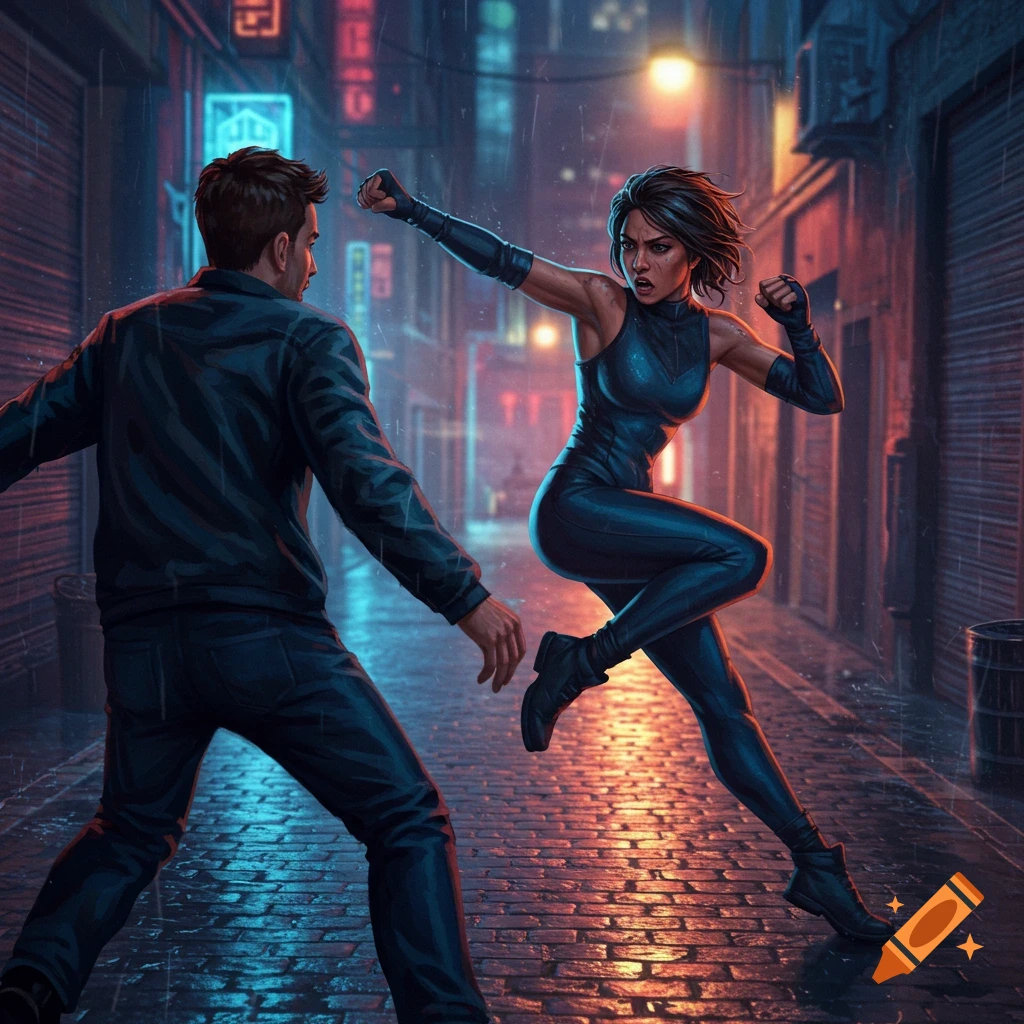 A woman in a black suit launches an attack against a man in a dark, rainy, neon-lit urban alley.