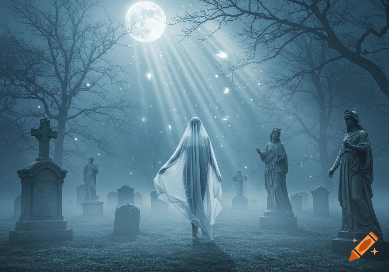 An ethereal veiled figure stands in a misty graveyard under a bright full moon, with tombstones and statues visible.
