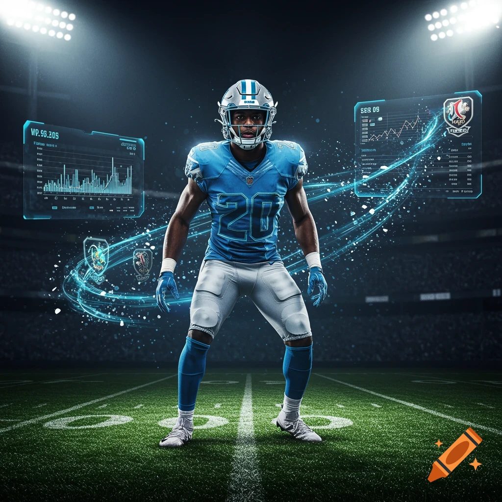A photorealistic image of an American football player in a blue and white uniform with the number 20, standing on a field in a stadium at night. Glowing blue digital data displays float around him.