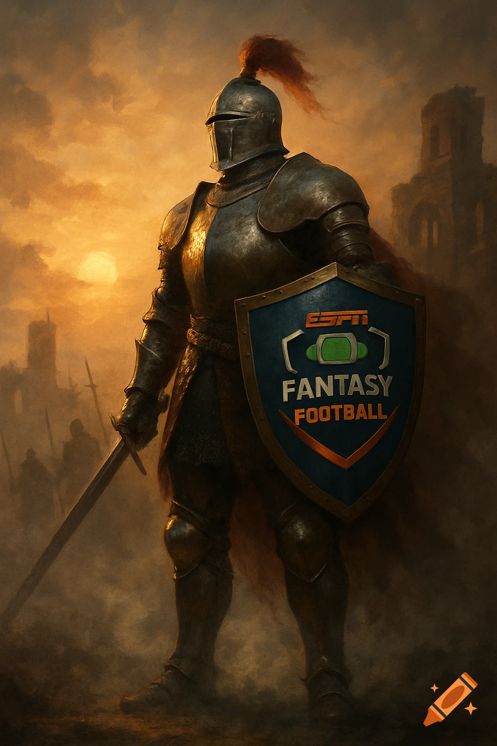 A knight in full armor stands with a sword and an ESPN Fantasy Football shield on a misty battlefield at sunset.