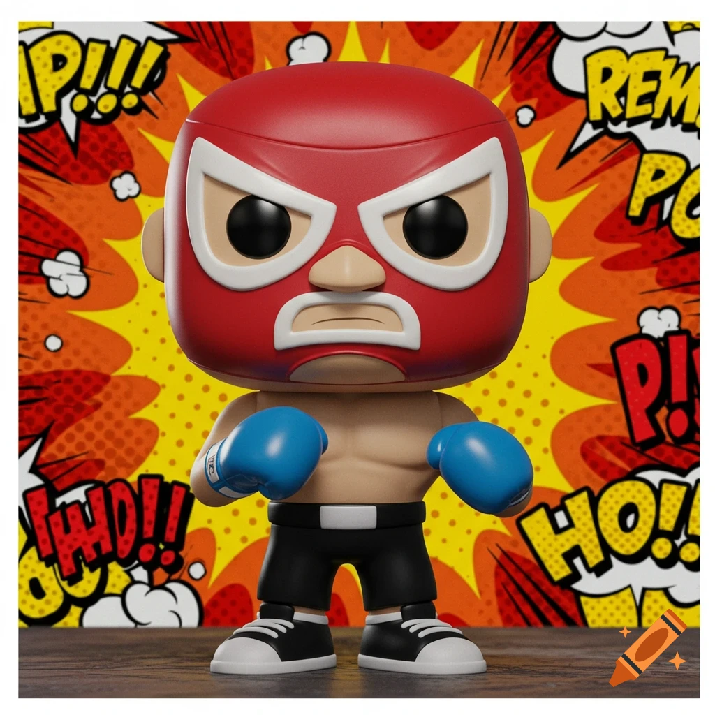 A Funko Pop figure of a red-masked wrestler with blue boxing gloves stands in front of a yellow and orange comic book-style background with sound effects.