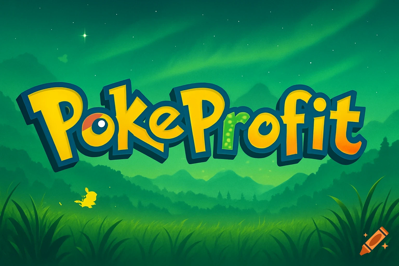 A stylized green landscape with a Pok lmon-style logo that reads 'PokeProfit' and a small Pikachu silhouette.