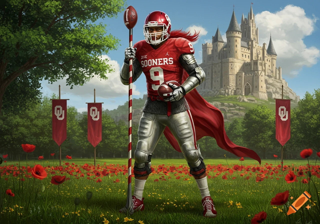 A football player dressed as a knight, holding a football spear and ball, stands in a poppy field before a medieval castle.