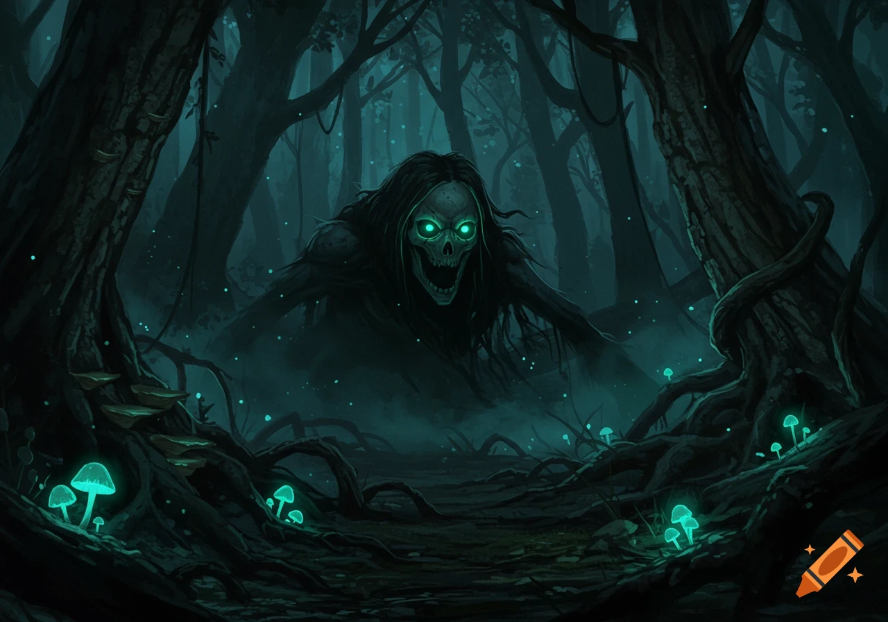 A terrifying, skull-faced creature with glowing green eyes emerges from the mist in a dark, gnarled forest with luminescent mushrooms, digital painting.
