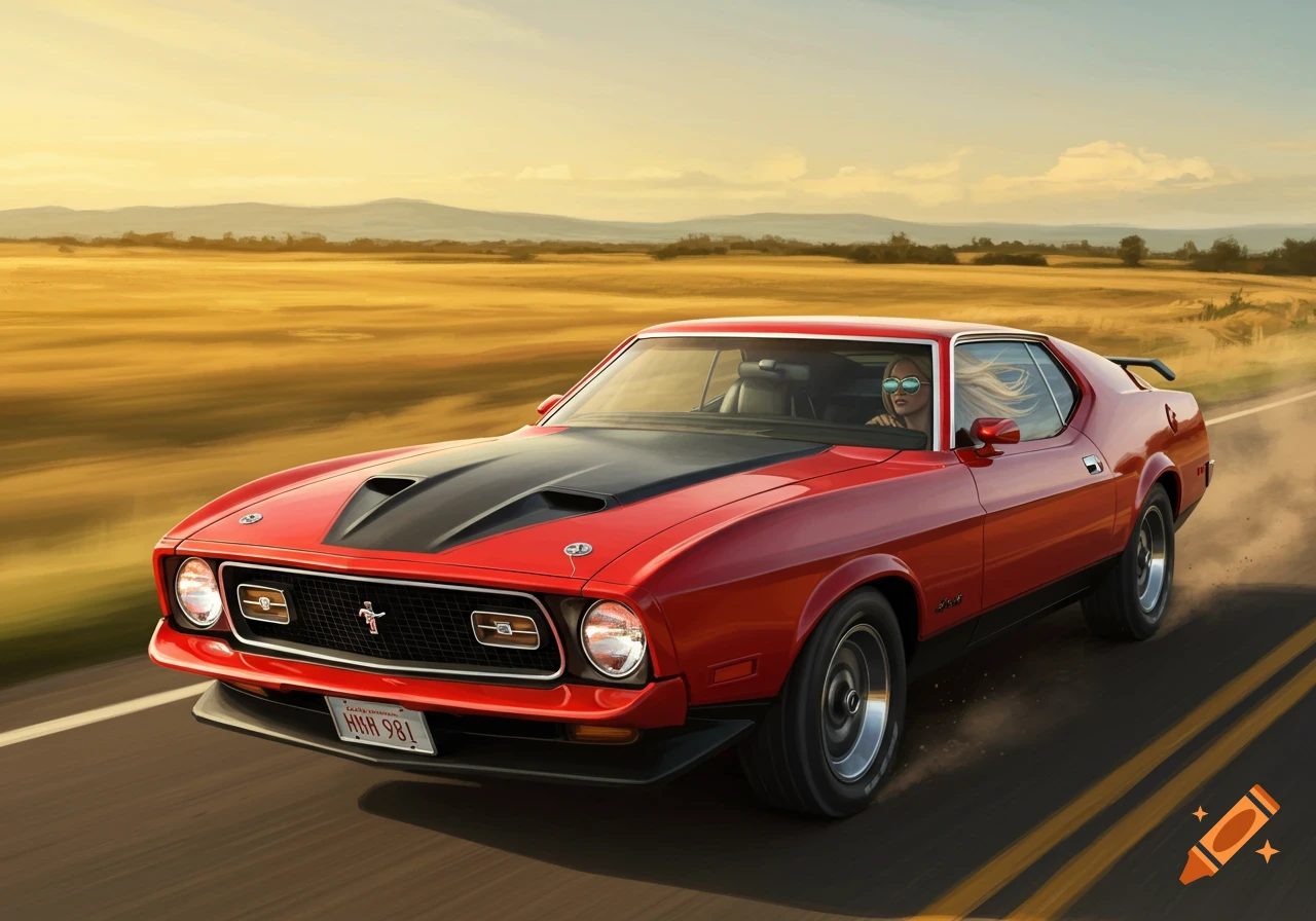 A blonde woman in sunglasses drives a red 1971 Mustang Mach 1 down a rural road at sunset.