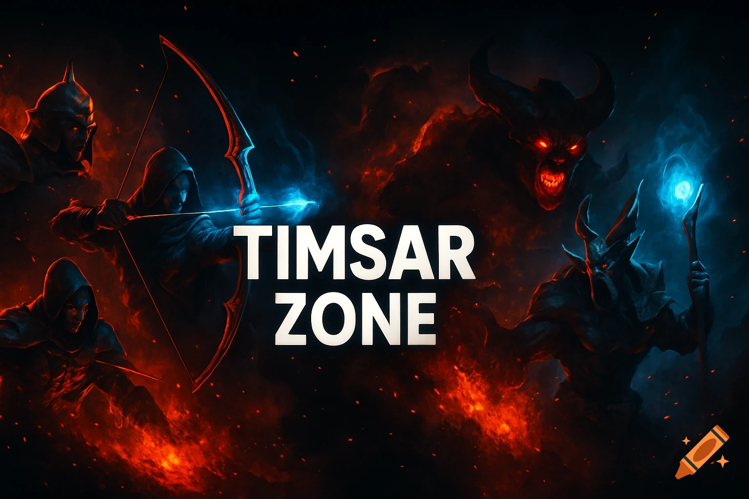 Dynamic digital art banner with 'TIMSAR ZONE' text, featuring silhouetted archers and demons amidst glowing red and blue smoke and fire.