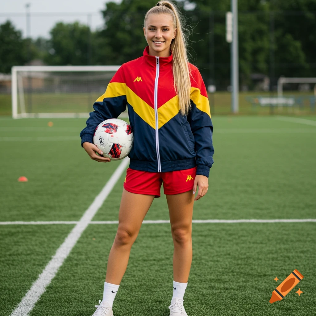 A young woman in a colorful red, navy, and yellow tracksuit stands on a soccer field, holding a soccer ball. Photorealistic.