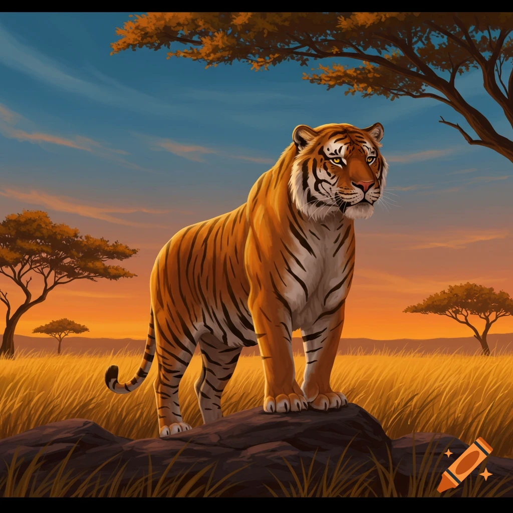 A majestic, stylized tiger with orange and black stripes stands on a rock in a golden savanna at sunset, with acacia trees.