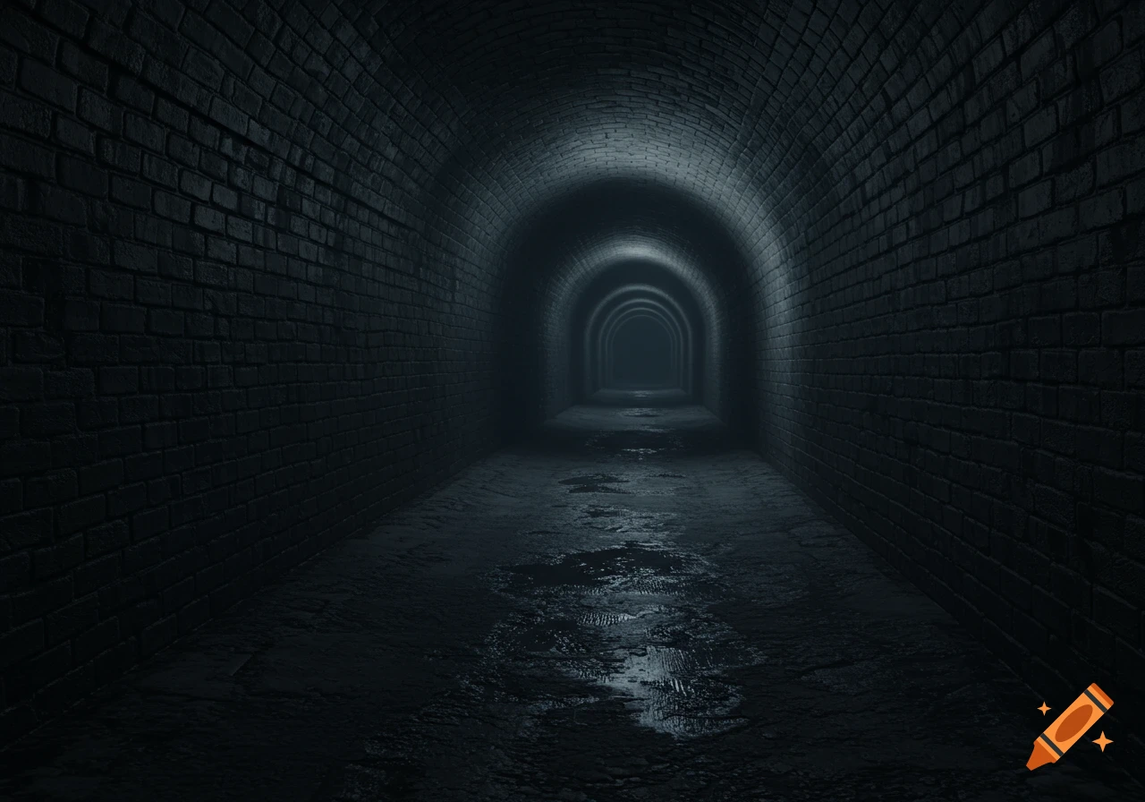 A long, dark brick tunnel with wet ground, lit by a faint light at the entrance, fading into deep darkness.