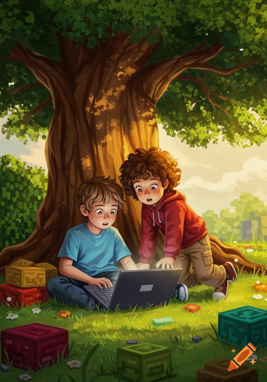Two young boys engrossed in playing on a laptop under a large tree, surrounded by pixelated Minecraft-style blocks in a vibrant digital illustration.