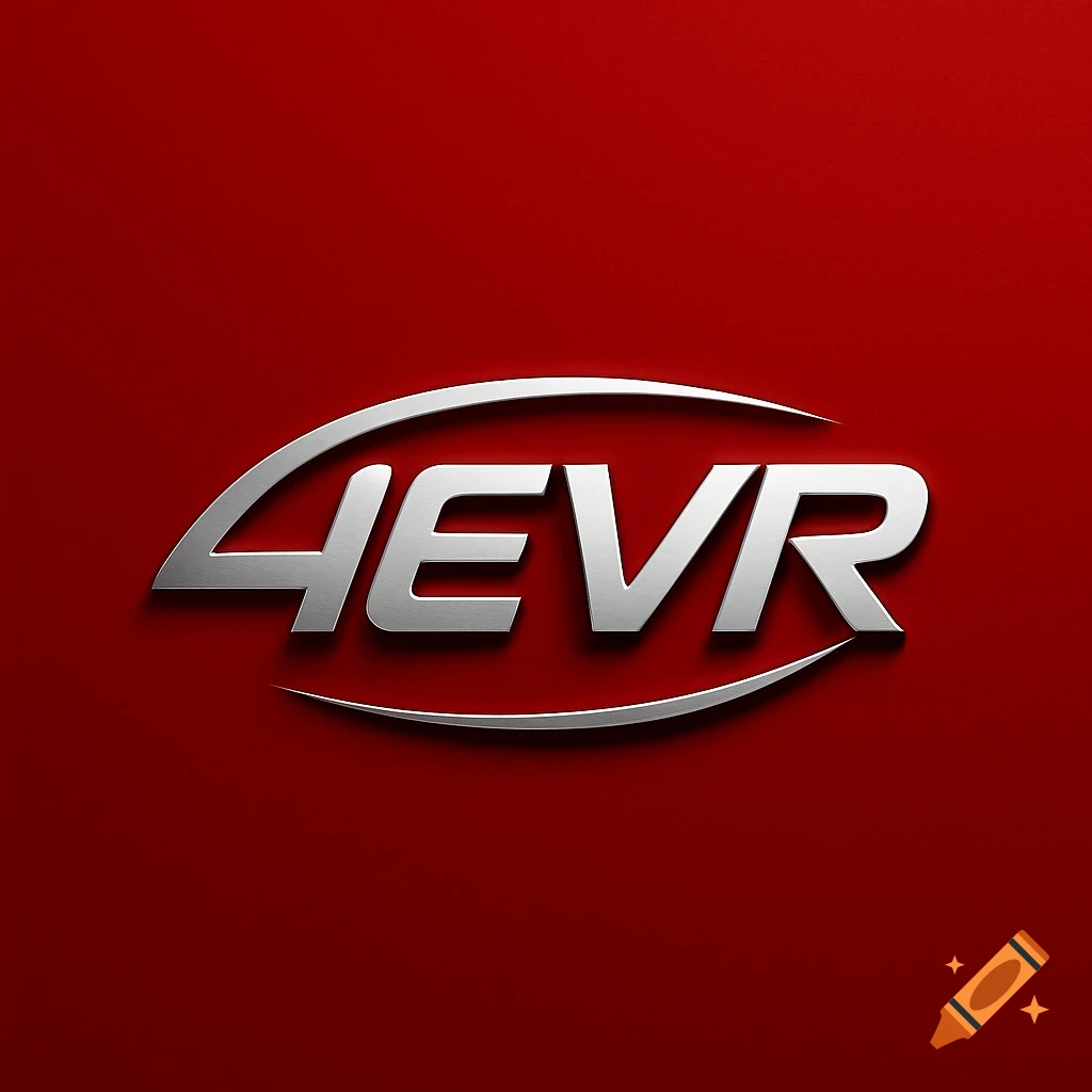 Metallic silver '4EVR' logo with curved lines on a red background.
