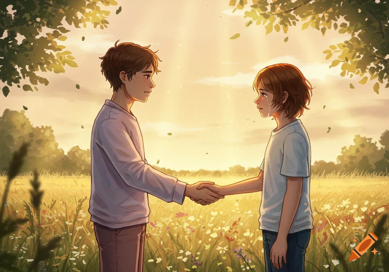Two animated people, one crying, shaking hands in a sunlit field, in an illustrated digital art style.