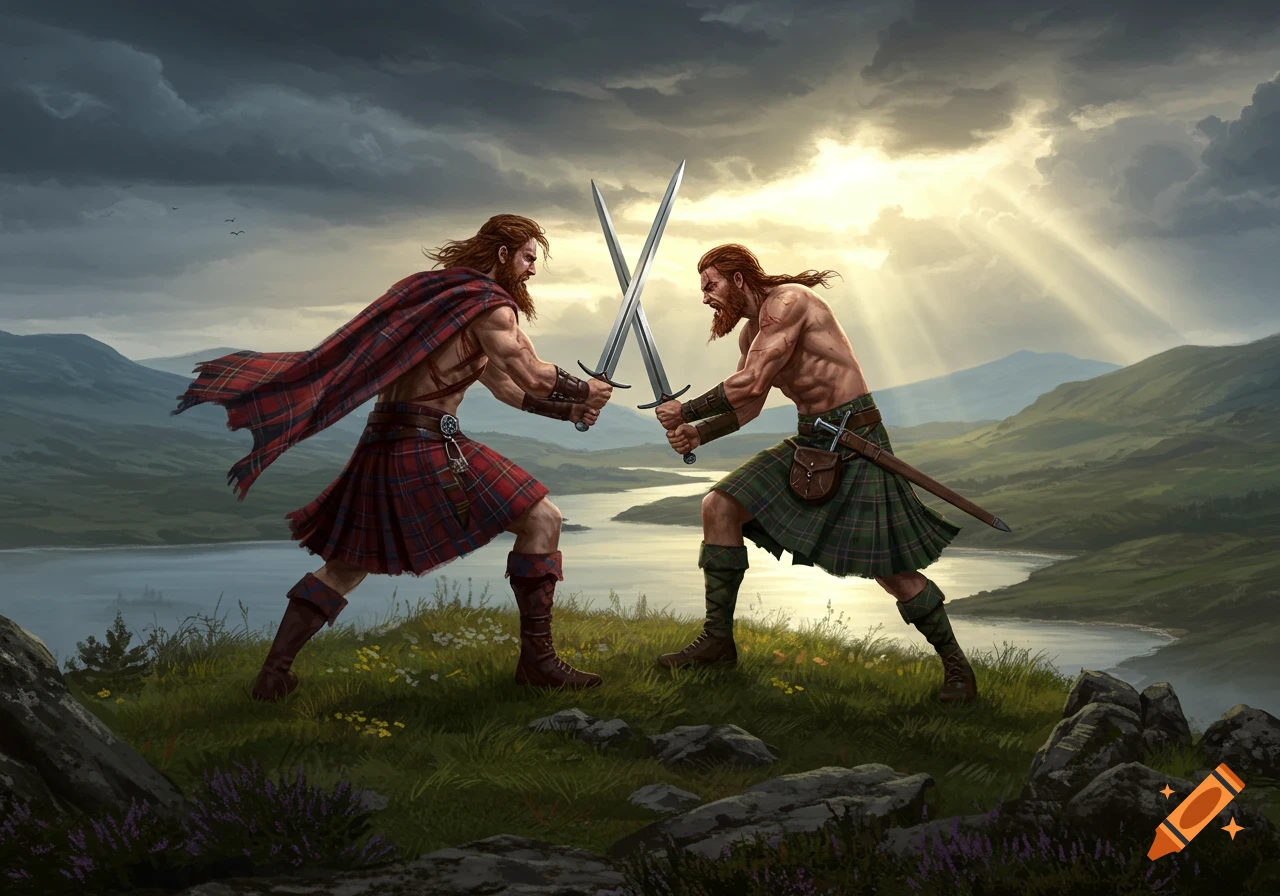 Two bearded Scottish warriors in kilts duel with swords on a grassy hill overlooking a lake and mountains under a dramatic sky.
