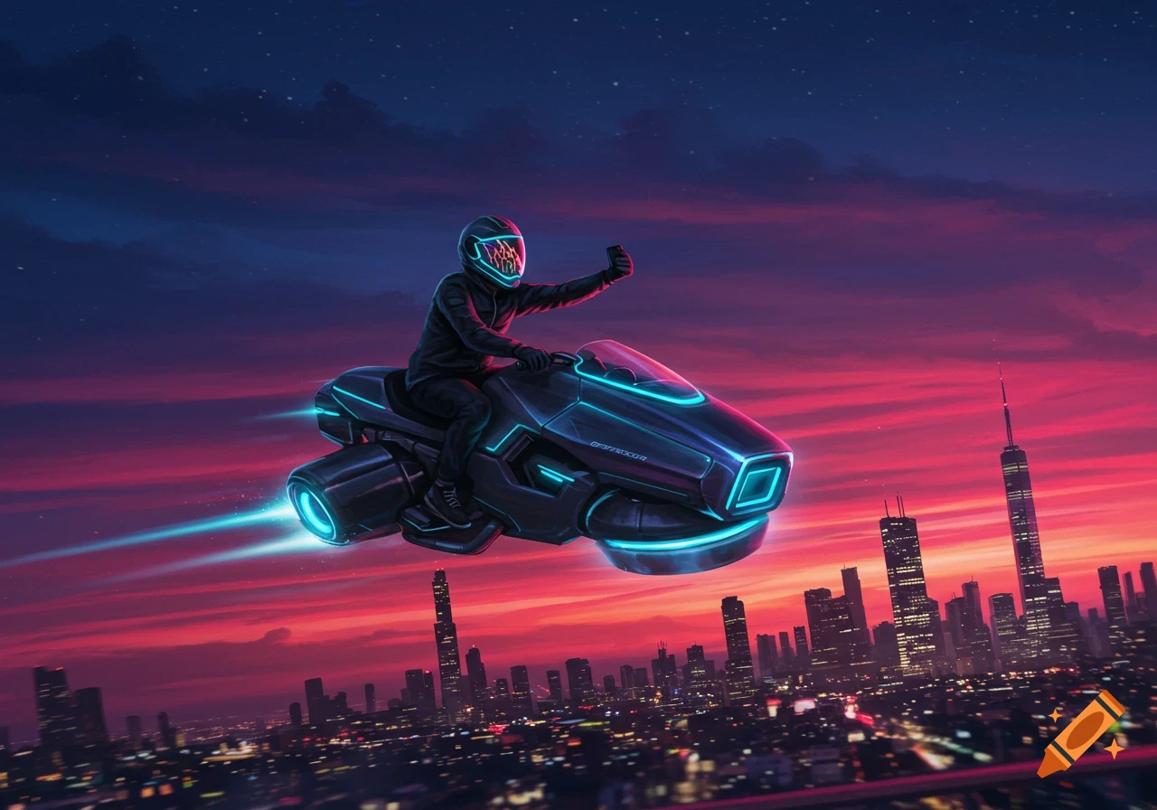 A person in a glowing helmet flies a futuristic motorcycle above a neon city at sunset, taking a selfie.