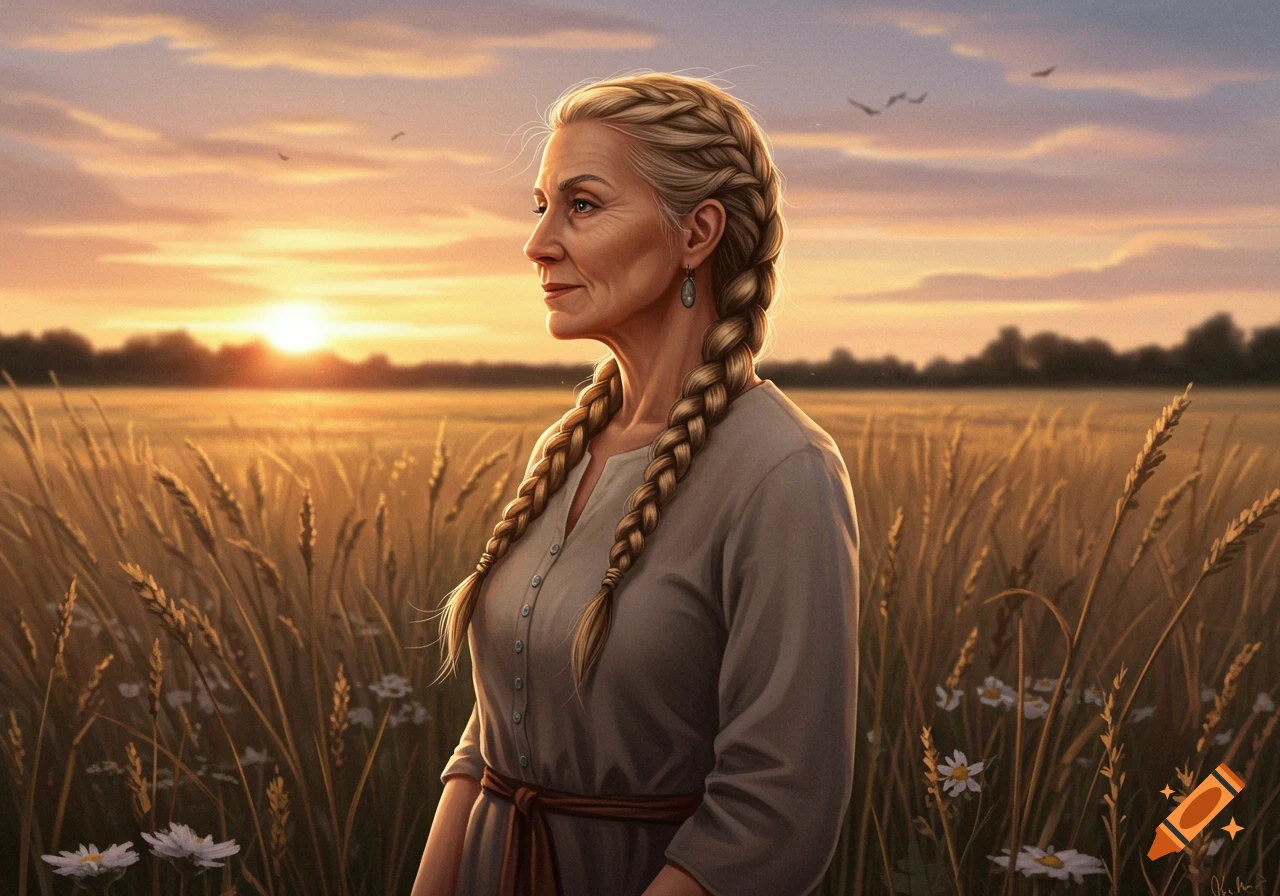 Digital painting of a blond woman in her 60s with braids, standing in a sunlit wheat field at sunset.