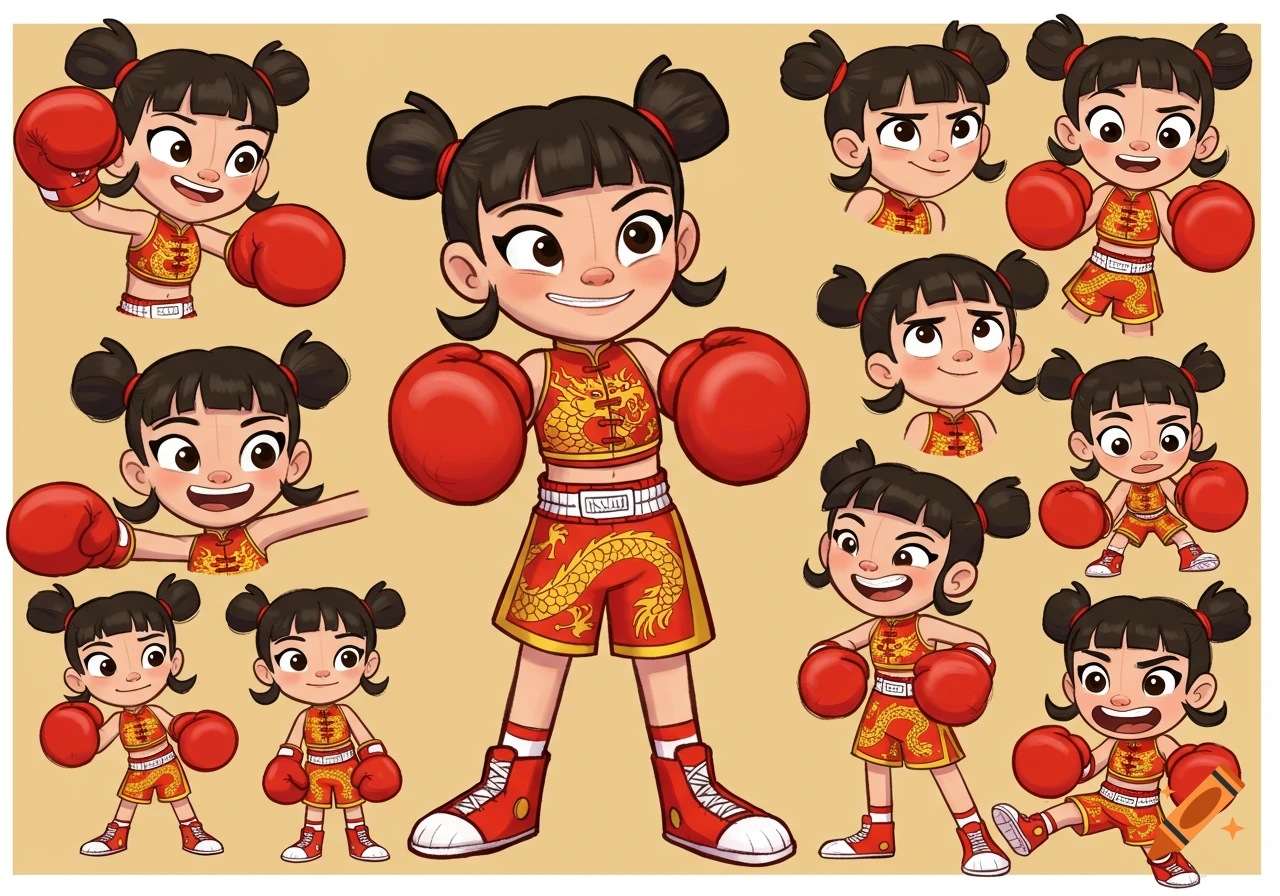 A model sheet features a cute cartoon girl with pigtails in various poses, wearing a red and gold boxing uniform with dragon motifs and red boxing gloves.