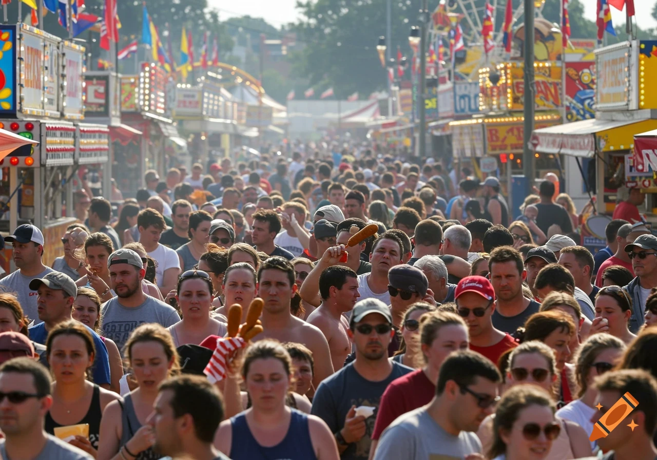 A dense crowd of people walks through a sunny outdoor fairground, with food stalls and rides visible in the background.