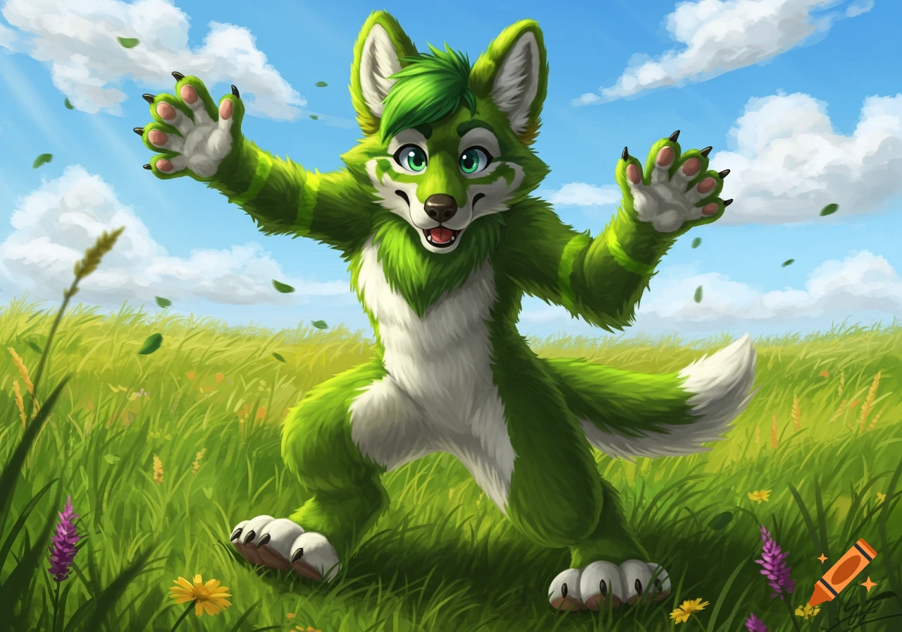A vibrant green and white furry coyote character with green eyes and hair, stands in a grassy field with arms outstretched, under a blue sky.