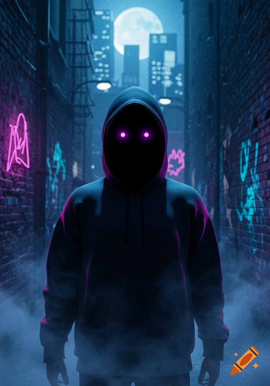 A mysterious figure in a dark hoodie with glowing purple eyes stands in a misty, neon-lit urban alley under a full moon.