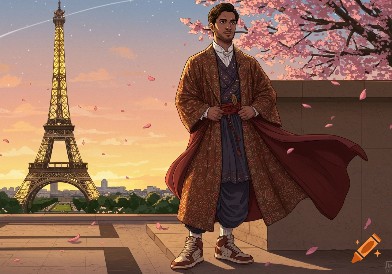 Illustrated man in traditional clothing and sneakers, standing by the Eiffel Tower with falling cherry blossoms.