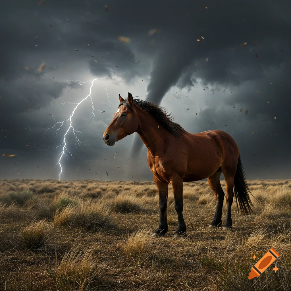 A brown horse stands in a dry field under a dark, stormy sky with lightning and a distant tornado.