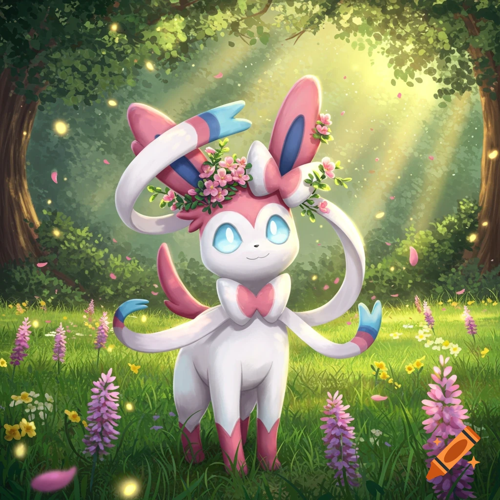 An illustration of Sylveon, a pink and white Pokémon, wearing a flower crown in a sunny, flower-filled forest.