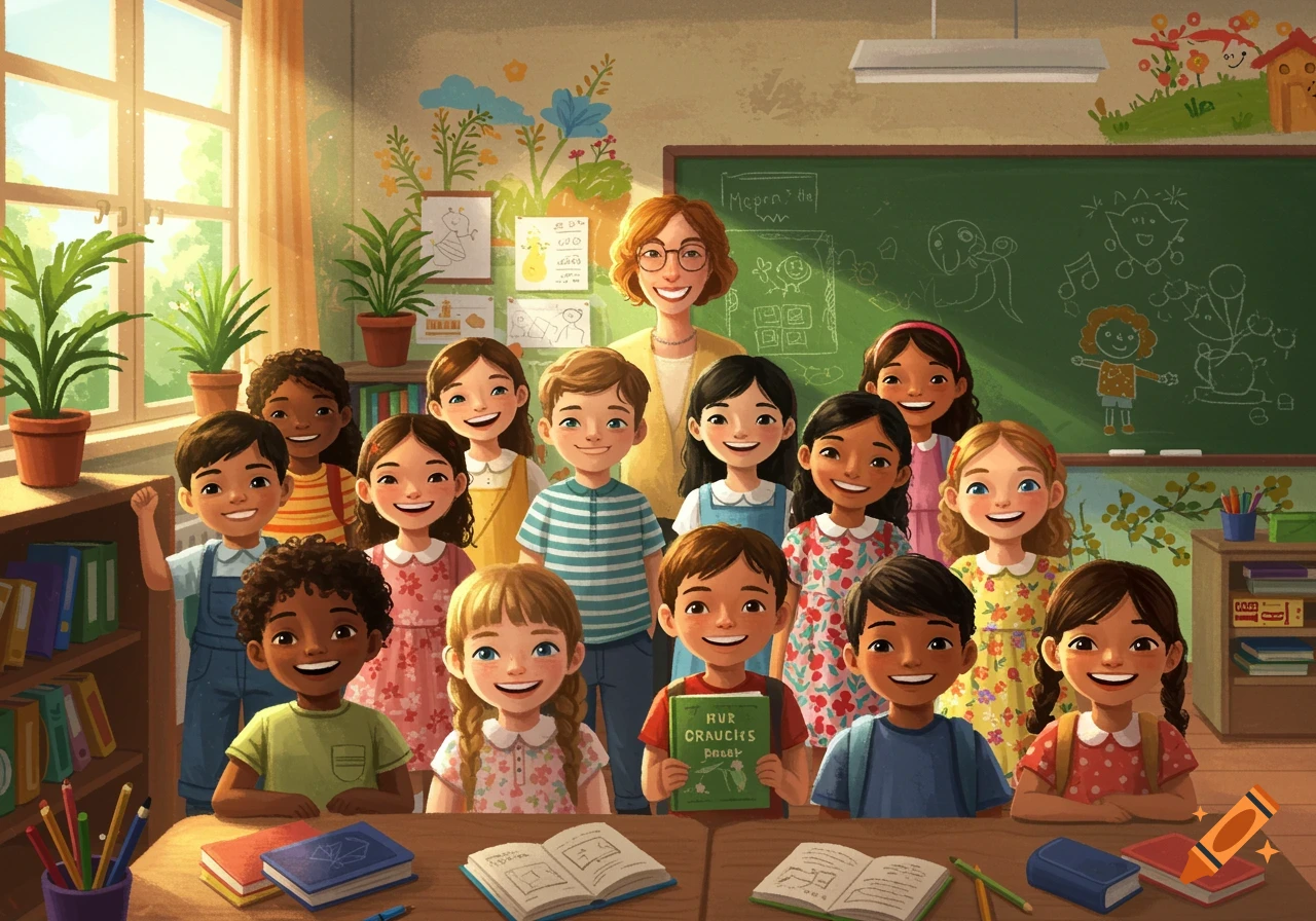 A bright, cheerful illustration of a diverse group of elementary school children and their teacher posing for a class photo in a sunny classroom.
