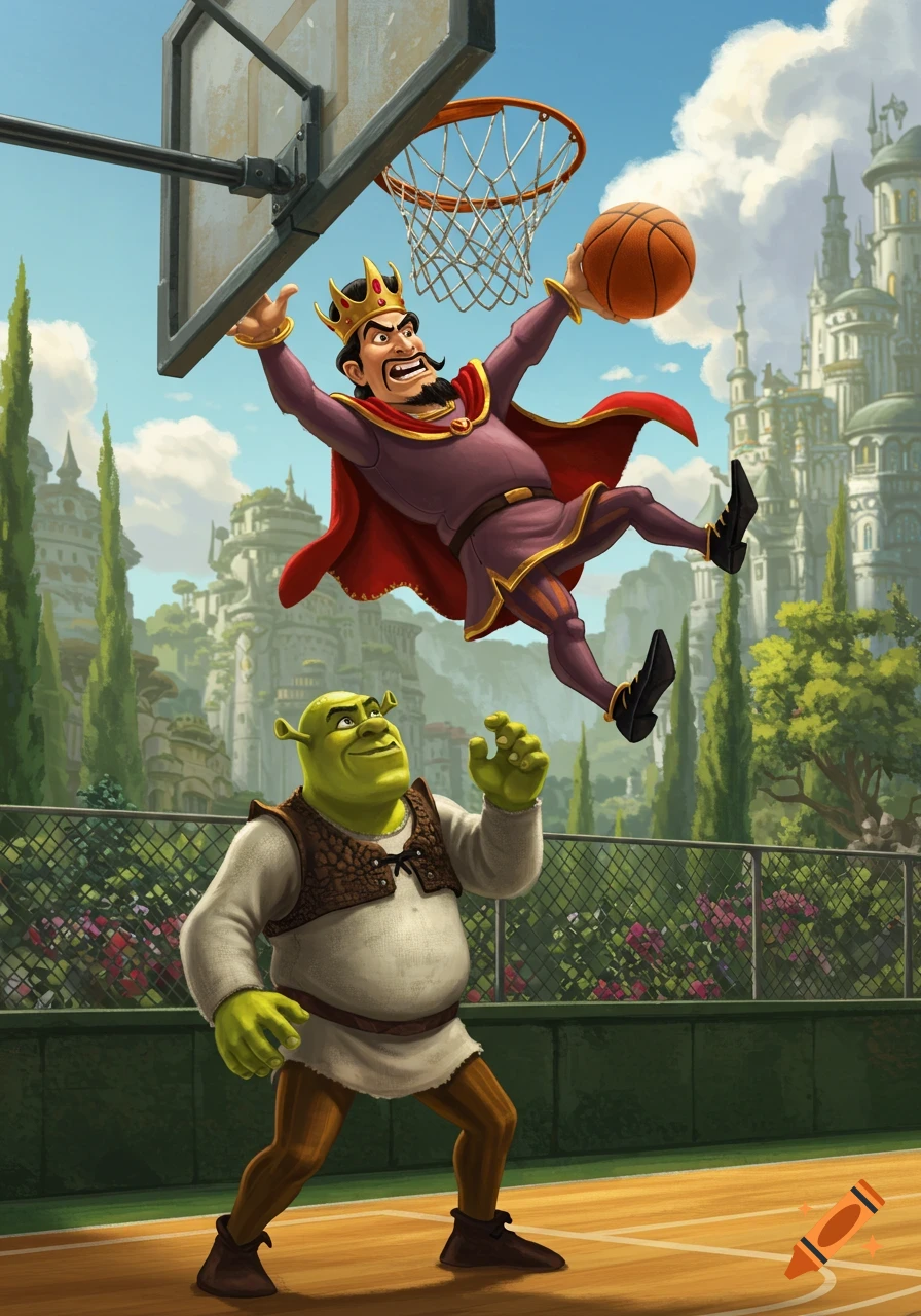Cartoon illustration of Lord Farquaad dunking a basketball over Shrek on an outdoor court with fantasy castles in the background.