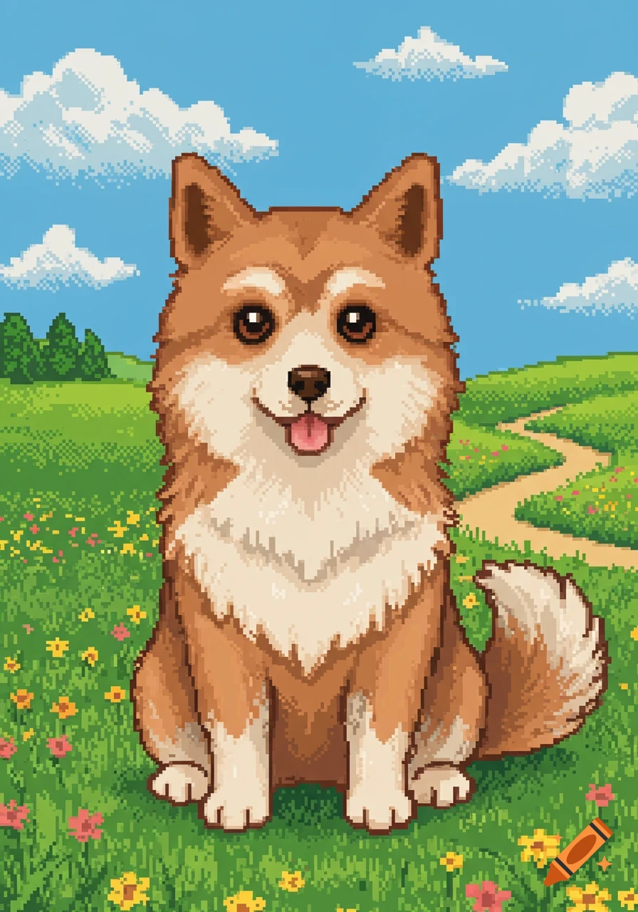 A cute fluffy brown and white pixel art dog sits smiling in a green field with wildflowers under a blue sky with pixel clouds.