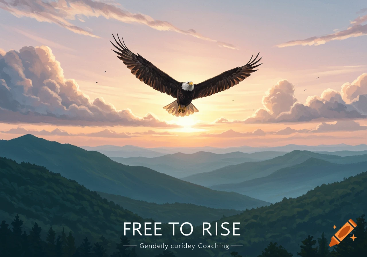 A bald eagle soars over a layered mountain landscape at sunset. Text on image reads 'FREE TO RISE' and 'Gendeily curidey Coaching'.