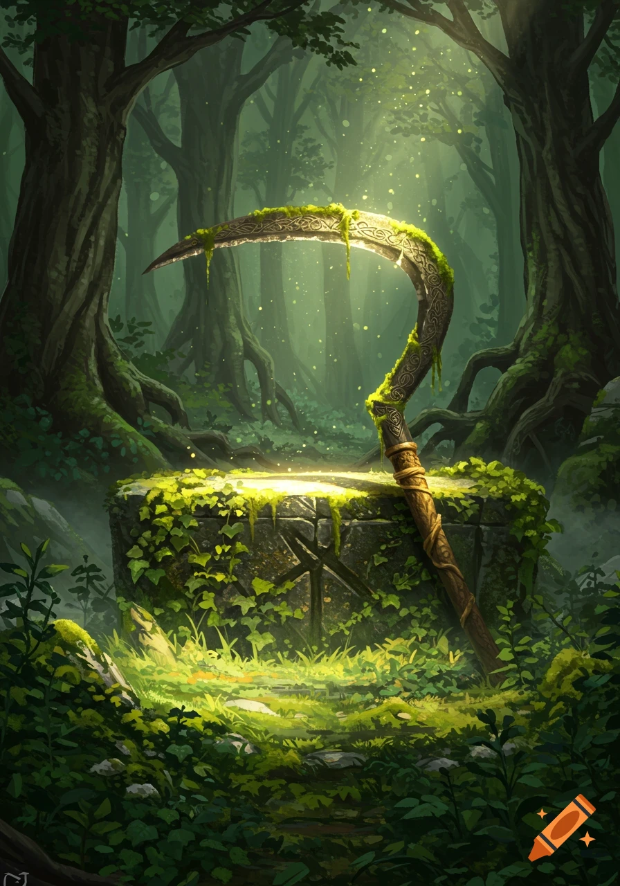 A moss-covered, ornate druidic sickle glows with magic, resting on a stone altar in a lush, sun-dappled fantasy forest.