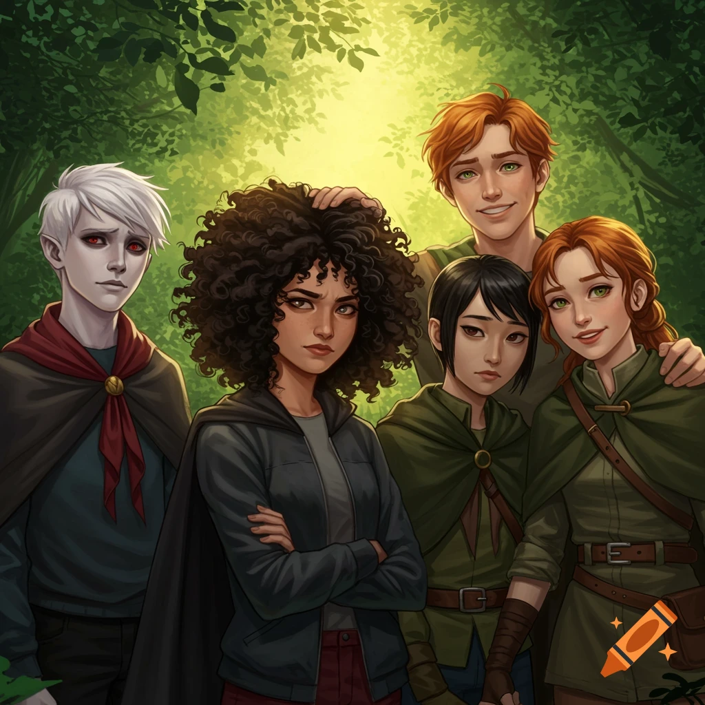 Illustrative portrait of five diverse teenagers with varying hair colors and features, standing together in a lush, sun-dappled forest.