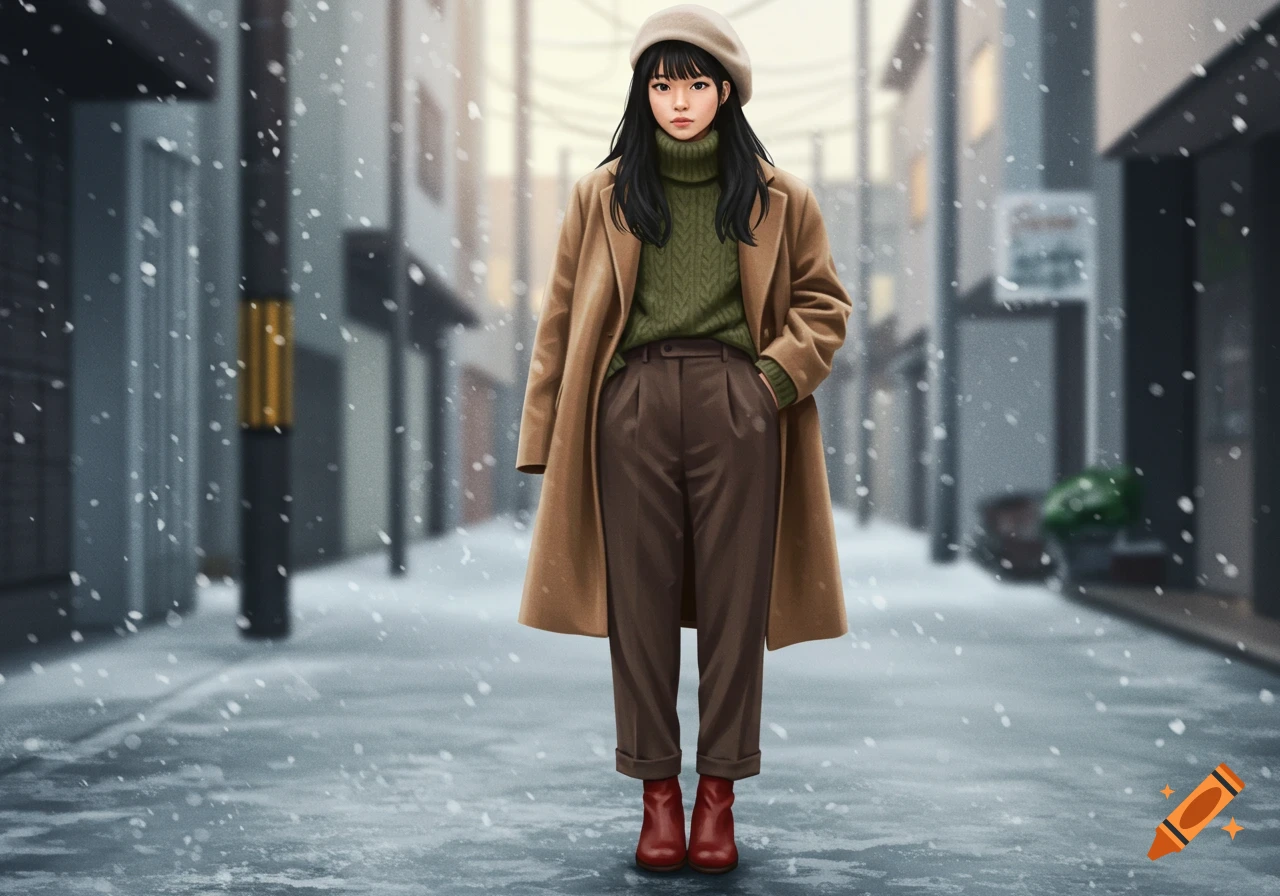 Digital art of a young Japanese woman in a beige beret, green sweater, brown coat, and red boots, standing on a snowy street.
