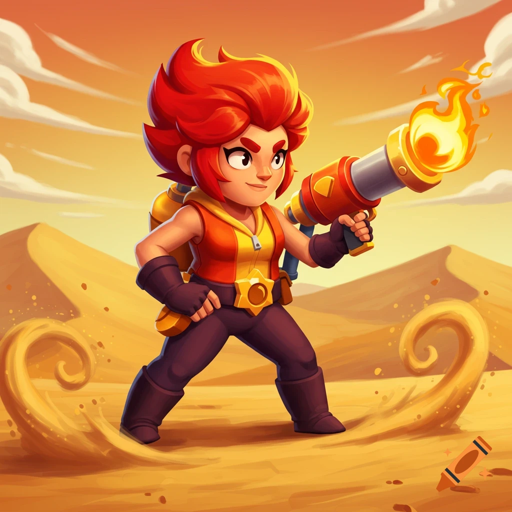 A stylized cartoon female character with fiery red hair and a flamethrower stands in a desert landscape.