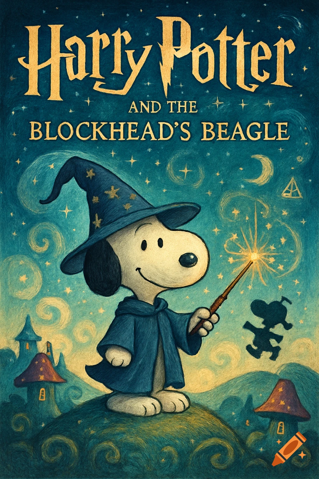 Snoopy dressed as a wizard casting a spell, on a book cover titled 'Harry Potter and the Blockhead's Beagle', featuring a starry, magical landscape.