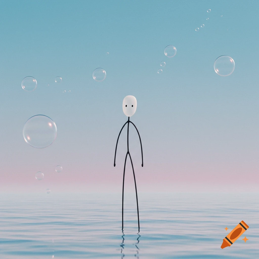 A minimalist stick figure with a white oval head stands in calm water under a pastel blue and pink sky, surrounded by floating bubbles.