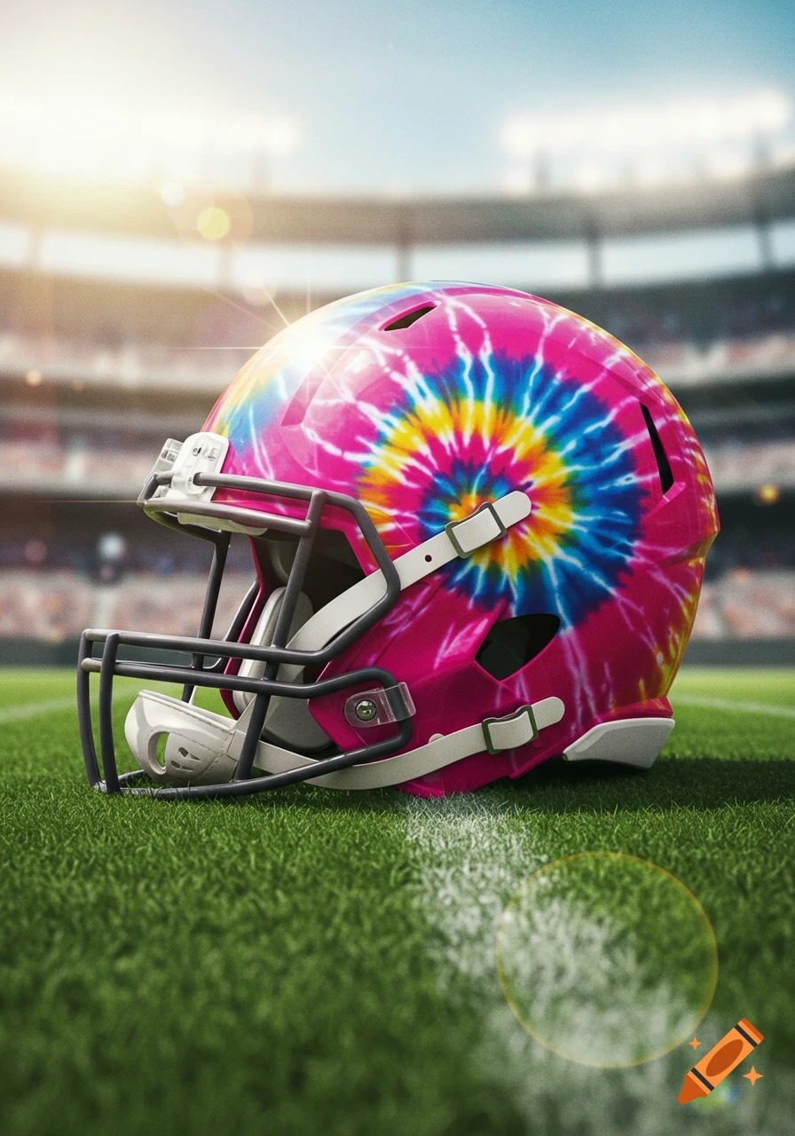 A vibrant pink football helmet with a blue, yellow, and red tie-dye pattern, resting on a green football field in a stadium.