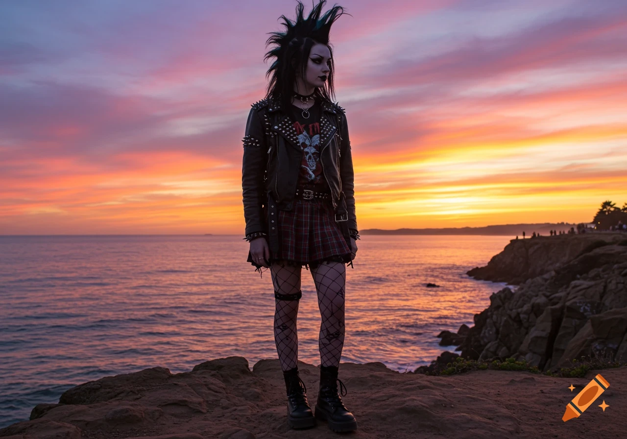 A punk rock goth girl with a mohawk stands on a cliff overlooking the ocean at sunset.